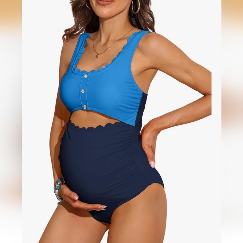 Blue Two-Tone Scallop Maternity Swimsuit